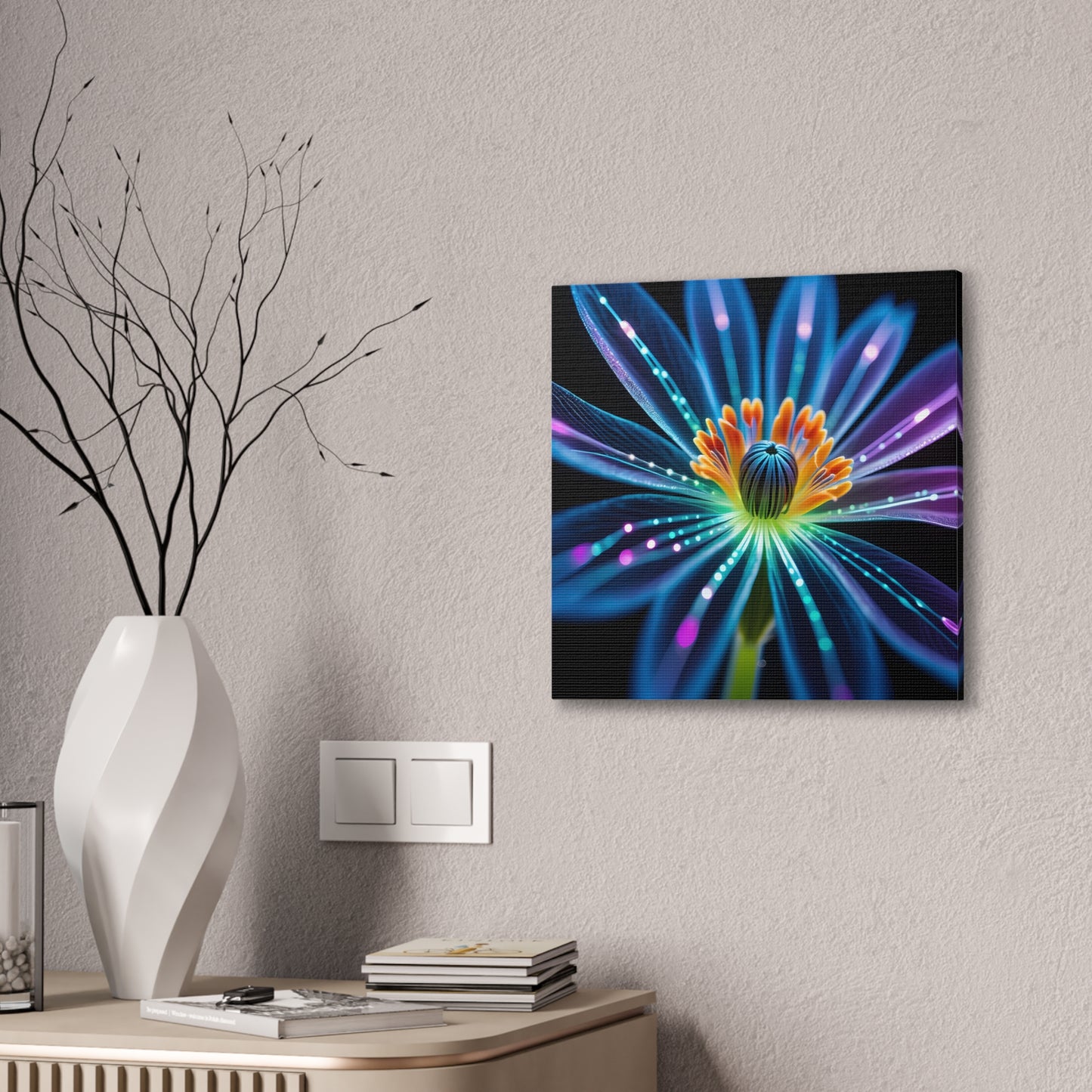 Blue Neon Fiber Optic flower Canvas Stretched, 0.75"