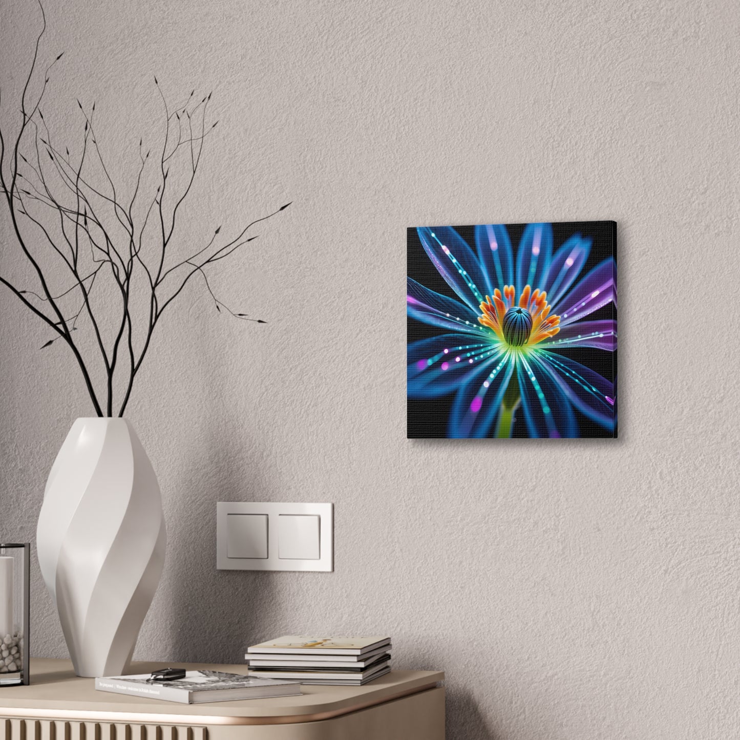 Blue Neon Fiber Optic flower Canvas Stretched, 0.75"